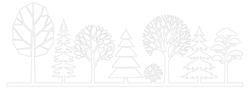 Minimalist tree line vector illustration, thin line art forest landscape, set of 8 geometric deciduous and evergreen trees for architectural site plans