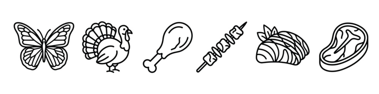 Butterfly turkey chicken leg kebab salmon steak line icons set representing various food items and nature elements for culinary and graphic design projects