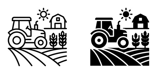 Farm Tractor Scene, Rural Landscape Icons, Agricultural Field and Barn Vector Set © Atique