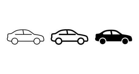 Fototapeta premium Set of Three Sedan Car Icons, Outline and Solid Black Vector Graphics, Automotive Transportation Symbols