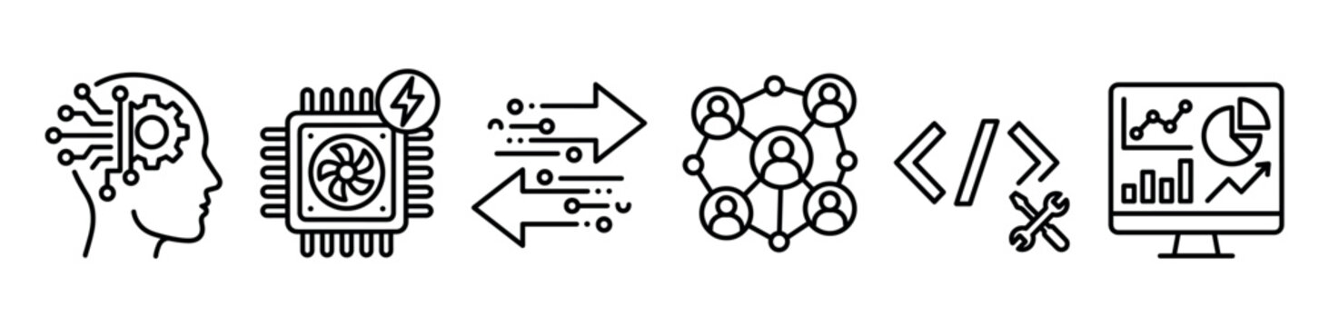 Technology and artificial intelligence icons representing machine learning, computer hardware, data transfer, social networking, software development, and business analytics