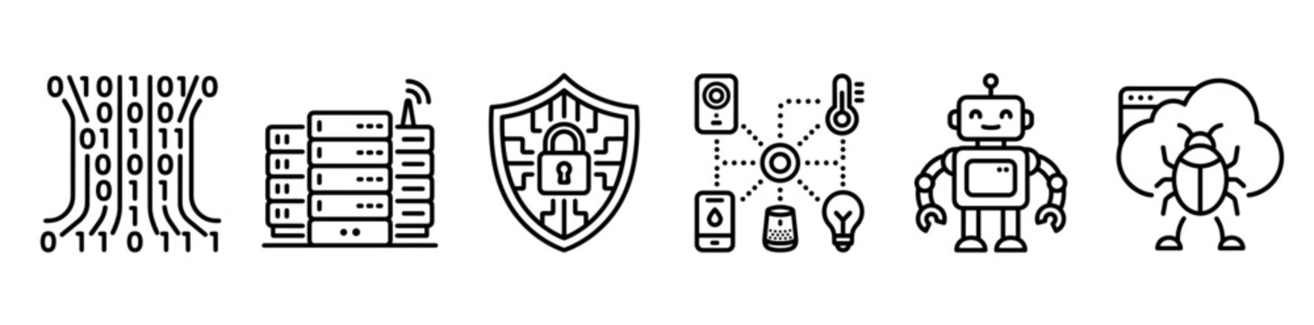 Technology and data security icons featuring binary code server racks protection shield smart home network robot character and cloud computing bug for digital concepts