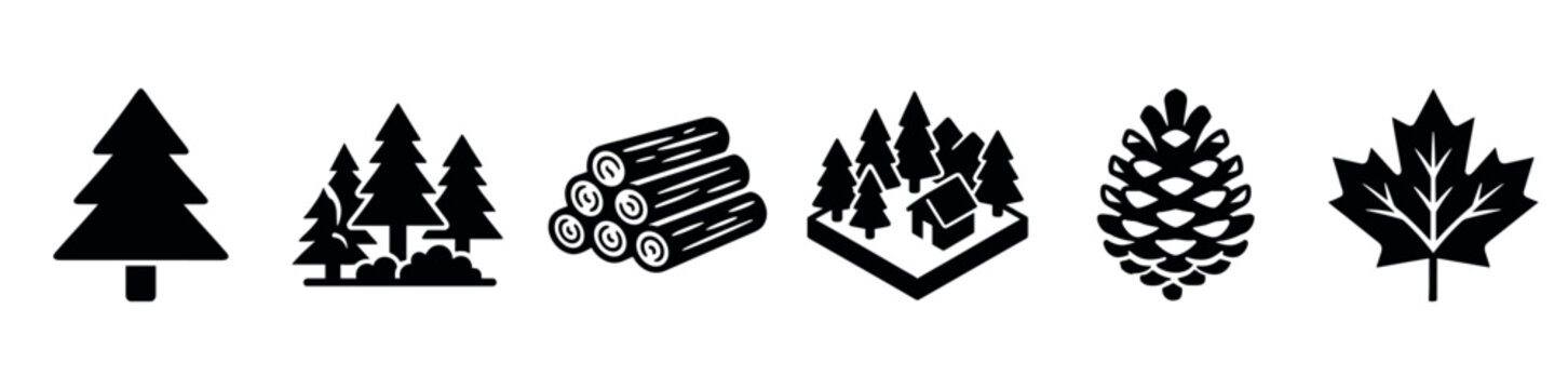Forestry and nature black silhouette icons set featuring evergreen trees, a stack of wooden logs, a forest cabin, a pine cone, and a maple leaf for environmental and wood industry design