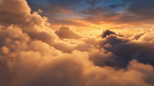 Flying over the evening timelapse clouds with the late sun. Seamlessly looped animation. Flight through moving cloudscape with beautiful sun rays. Perfect for cinema, background, digital composition
