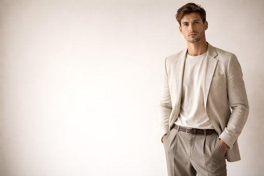 Stylish Man in Beige Linen Blazer Posing Against Neutral Background