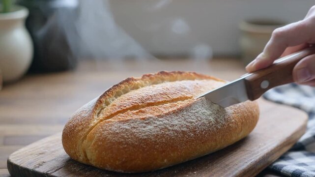 Fresh Baked Bread Being Sliced with Steam Rising, Cozy Kitchen Lifestyle Slow Motion Cinematic
