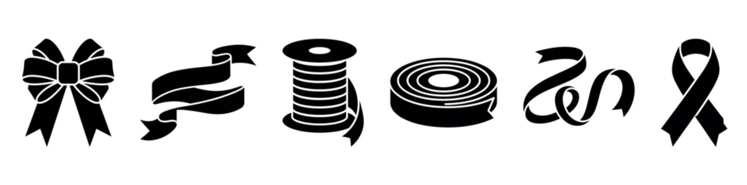 Black ribbon icons set including bow spool roll curly ribbon and awareness symbol for sewing and gift wrapping design projects