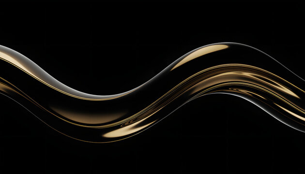 Abstract golden wave of smooth metal flowing through dark black background