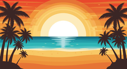 Obraz premium Beautiful Tropical Beach Sunset Vector Illustration with Palm Trees and Ocean Waves - A Serene Summer Vacation Scene