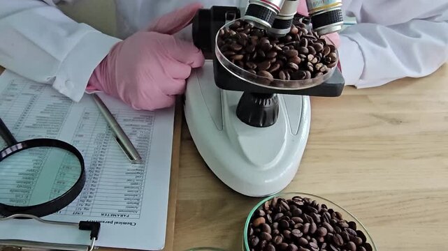 Coffee testing process using a microscope in a laboratory setting focusing on quality and analysis