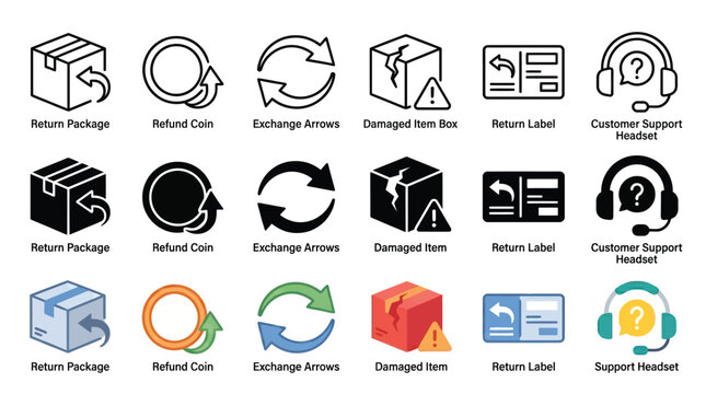 Set of e-commerce icons showing return packages refund coins exchange arrows and customer support headsets