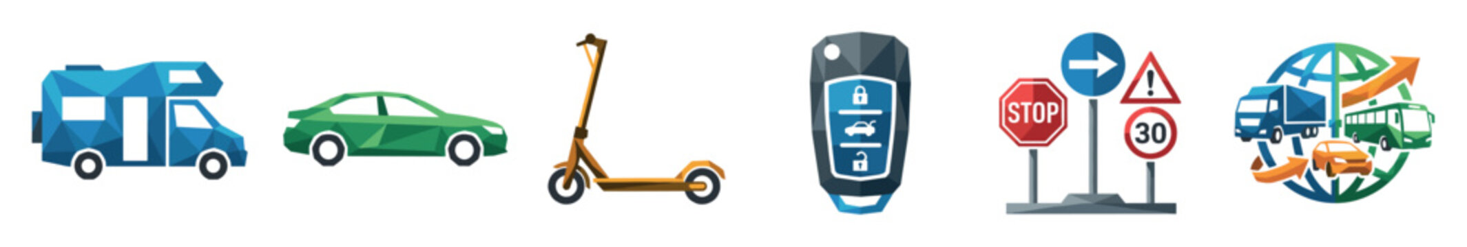 Transportation icons set including camper car scooter key fob road signs and global logistics symbols in low poly geometric style for urban mobility and travel concepts