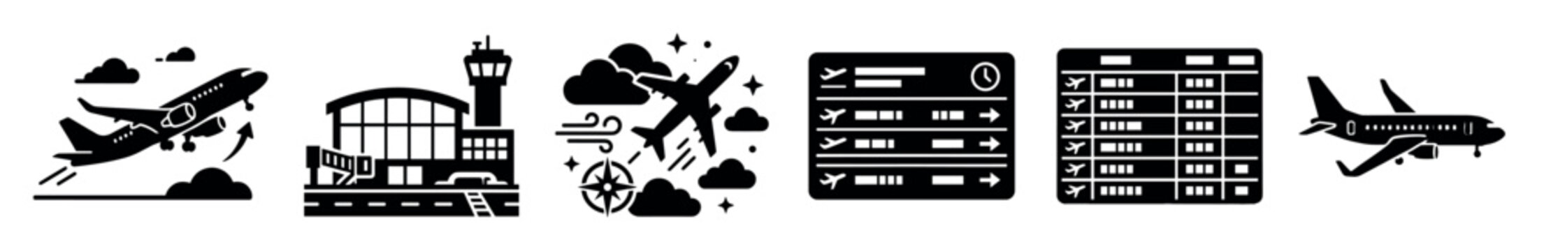 Airport and aviation icons set featuring airplanes taking off, terminal buildings with control towers, flight information display boards, and navigation symbols for travel