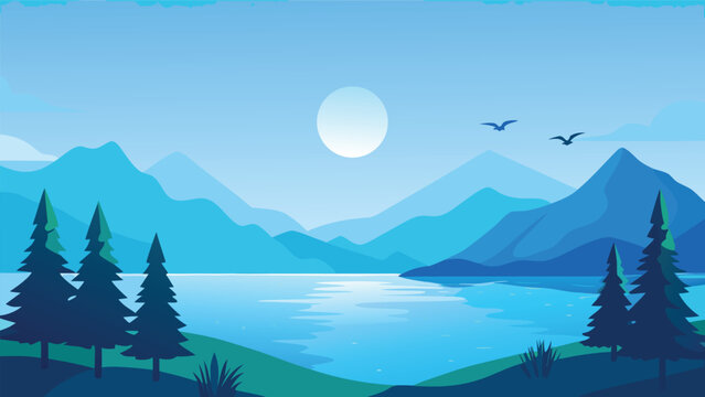 Serene Mountain Lake Landscape with Full Moon and Evergreen Trees during Twilight
