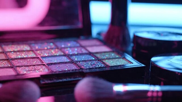 Makeup artist applies colorful eyeshadows with brushes on a table indoors
