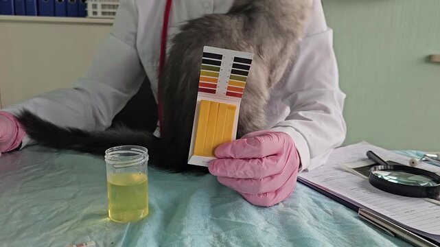 Cat health check at veterinary clinic showing urine test results and attentive care