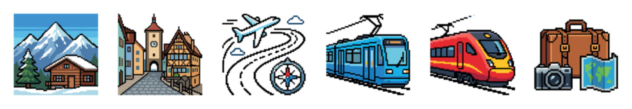 Pixel art travel icons set featuring mountains, European old town street, airplane with compass, blue tram, high speed train, and suitcase with camera and map for tourism