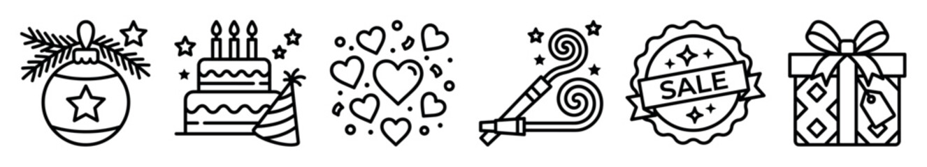 Obraz premium Celebration and holiday event line icons set featuring a Christmas bauble, birthday cake, hearts, party blowers, sale badge, and a gift box for festive graphic design projects