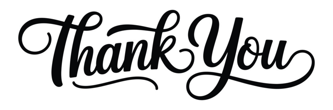 Thank you script lettering, elegant black calligraphy typography with handwritten style isolated on transparent background for greeting cards, invitations, branding, wedding designs, and appreciation 