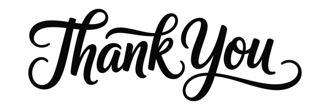 Thank you script lettering, elegant black calligraphy typography with handwritten style isolated on transparent background for greeting cards, invitations, branding, wedding designs, and appreciation 