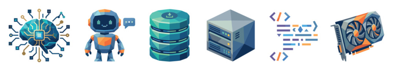 Fototapeta premium Artificial intelligence and technology computing icon set featuring a digital brain, robot assistant, database storage, server rack, programming code, and graphics card