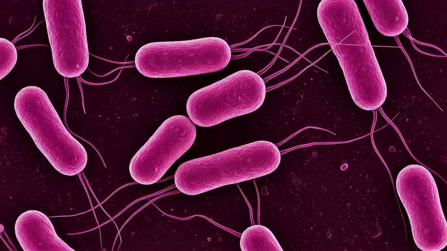 Microscopic view of pink flagellated bacteria cells. Pathogenic microbe scientific visualization for clinical research. Biology study of living microscopic organism.
