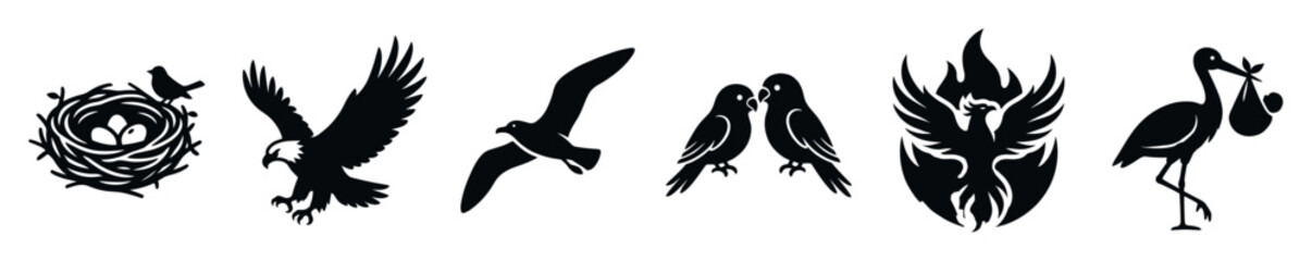 Naklejka premium Bird silhouettes and icons including a nest with eggs, a flying eagle, a seagull, lovebirds, a phoenix rising from fire, and a stork carrying a baby bundle