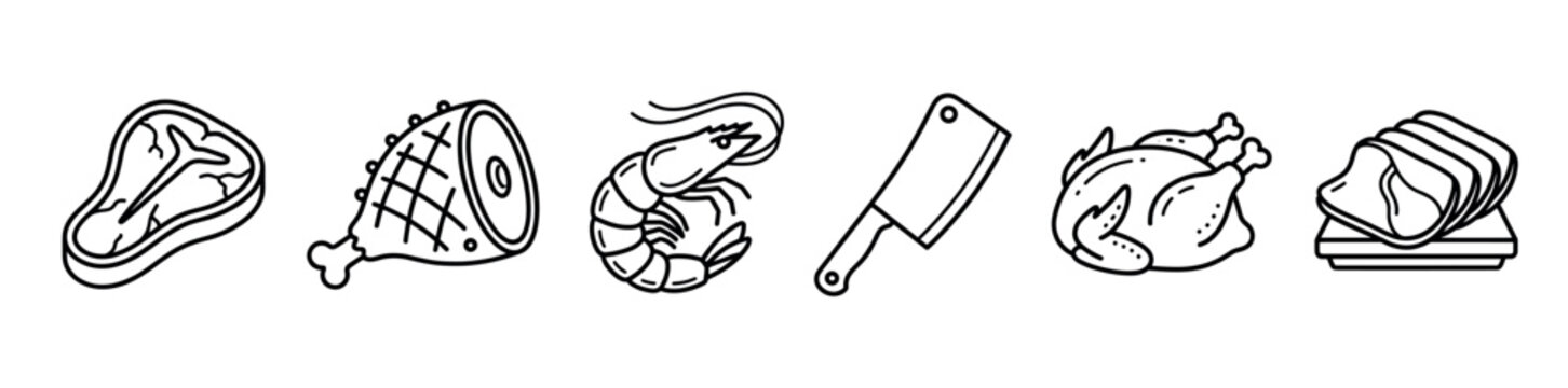 Meat and seafood butchery line icons including steak, ham, shrimp, cleaver, chicken, and sliced brisket for restaurant menu design and food industry branding