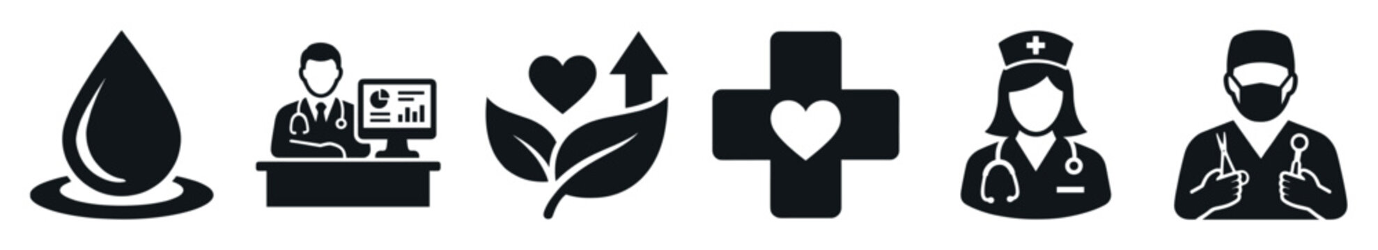 Medical and healthcare flat icon set featuring a blood drop, doctor at desk, herbal medicine leaves, medical cross with heart, nurse avatar, and surgeon with surgical tools