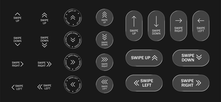 Swipe up button set in glass style, modern view. Clean UI icon for mobile interfaces, stories and digital media with gradient effects and modern transparent look. Vector illustration
