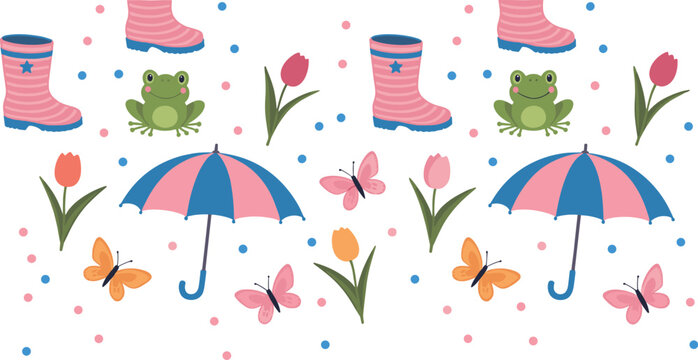 Springtime pattern with boots frogs tulips umbrellas and butterflies