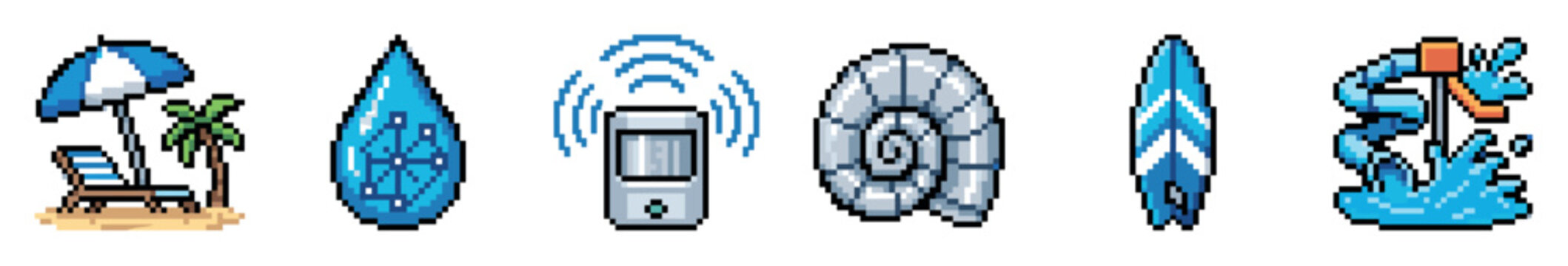 Pixel art icons set featuring beach chair umbrella palm tree water drop smart sensor nautilus shell surfboard and water slide for summer vacation and technology themes