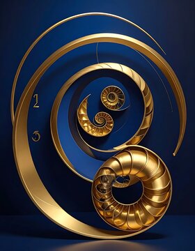 Elegant Golden Spiral Forms Arranged in Abstract Composition on Deep Blue Background