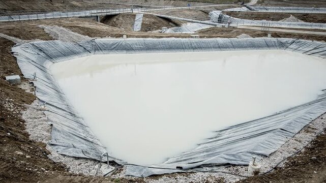 Lined pond containing liquid gypsum waste captured in medium shot to highlight industrial containment and environmental protection measures