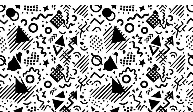 Seamless black and white Memphis geometric pattern retro 80s 90s hipster vector background