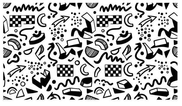 Retro Memphis seamless geometric background black and white 90s fashion vector pattern
