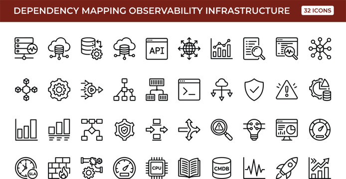 Minimal vector icon set of dependency mapping observability infrastructure monitoring cloud workflow and system analytics symbols