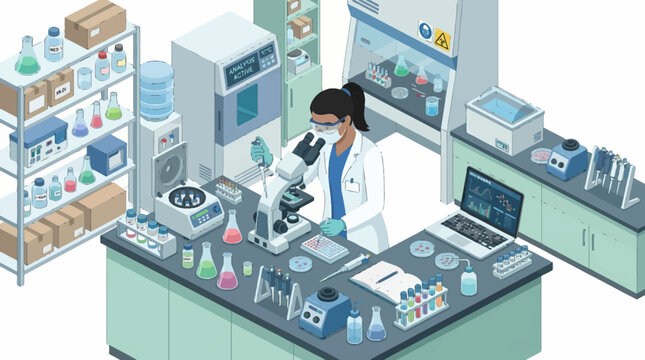 Female scientist working in a laboratory with a microscope and various scientific equipment.