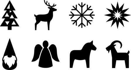 Christmas and winter holiday icon set featuring reindeer snowflake and festive symbols in solid black vector style © Vecto_Pixels