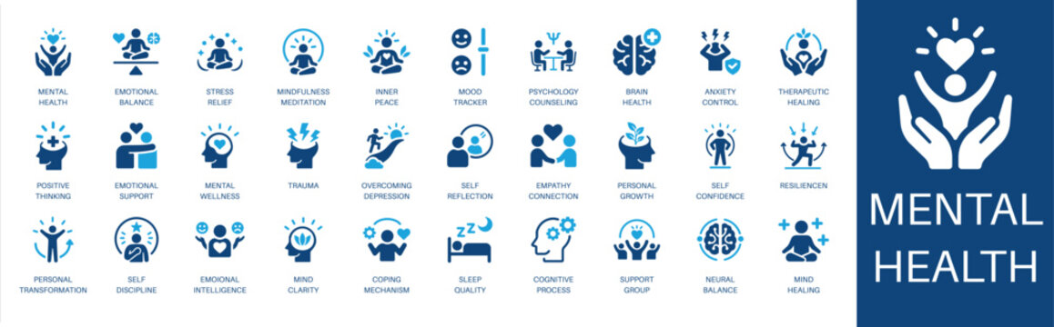  Mental health and wellness solid icon set. Featuring stress relief, emotional intelligence, brain health, anxiety control, and support group. Editable vector glyphs for counseling and wellbeing.