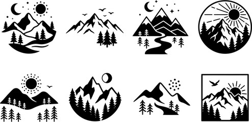 Fototapeta premium Collection of adventure and mountain landscape vector badges for outdoor travel and exploration branding design