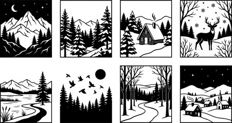 Fototapeta premium Collection of eight square nature scenery illustrations featuring mountains forests wildlife and winter cabins