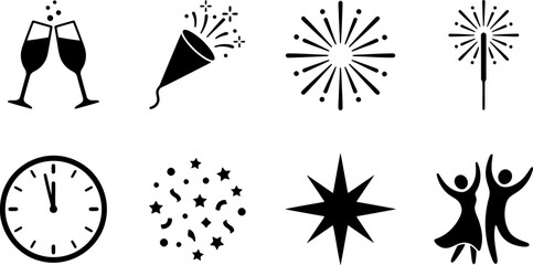 New year eve celebration icon set with champagne fireworks clock sparkler confetti and happy dancing people © Vecto_Pixels