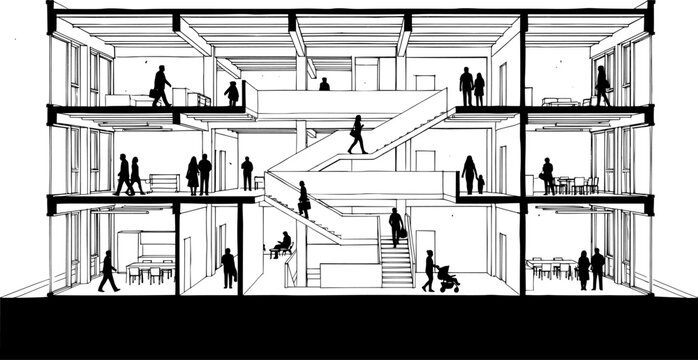 Architectural cross section drawing of a modern multi story home