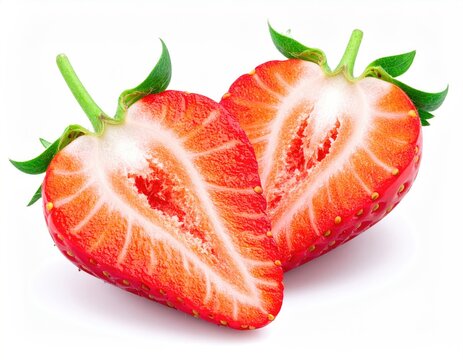 Ripe red strawberry halved to reveal juicy seeds and white flesh