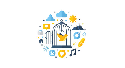 Fototapeta premium Bird Flying Out of Open Cage Vector Illustration - Conceptual Design Representing Freedom, New Beginnings, and Creative Expression