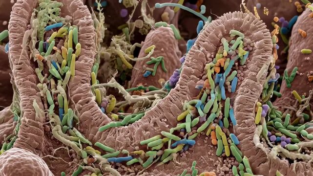 Bacteria colonizing human intestinal villi at microscopic scale. Microbes interacting with gut tissue. Biological research of microbiome and infection mechanism.