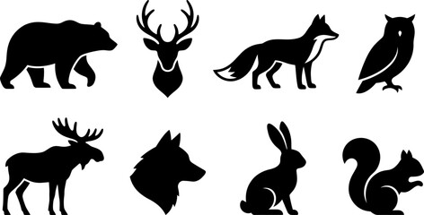 Obraz premium Set of eight forest animal silhouettes including bear deer fox and moose in black minimalist vector graphic style