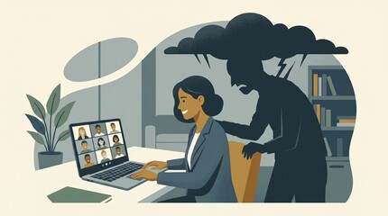 Fototapeta premium Woman working on laptop during video call with dark shadow figure looming behind her