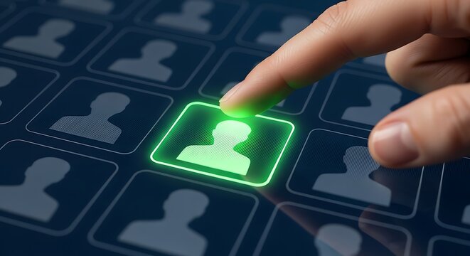 Human finger selecting a glowing green user profile on a digital touchscreen grid representing social network or database management